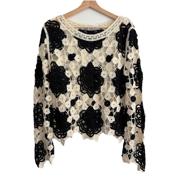 Cloth By Design Tops - Black White Knit Crochet Size L Boho Cottage Overlay Dark Granny Whimsygoth